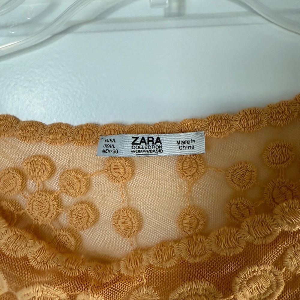 Zara Women’s Orange Mustard Embroidered Tulle Floral Blouse - Picture 7 of 11